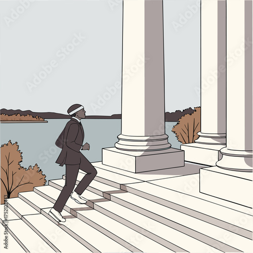 Adobe Illustrator Artwork: A person running up a set of stairs towards a building