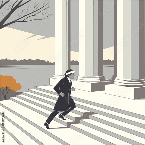 Adobe Illustrator Artwork: A person running up a set of stairs towards a building with large classical columns