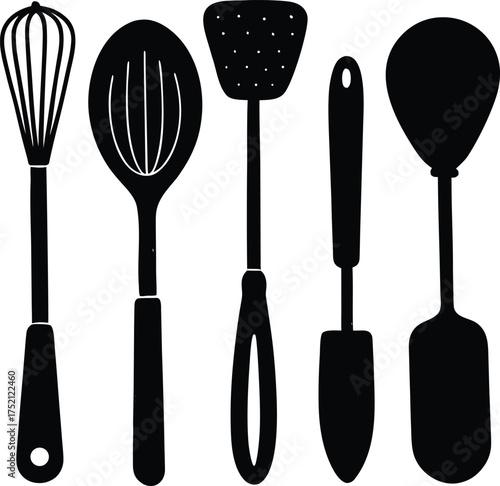 A collection of vintage kitchen utensils silhouette isolated on white background