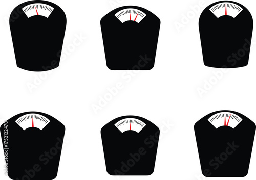 Analog weighing scale, weight measurement, health check, fitness tool, silhouette icons, black and white, dial scale, comparison, balance, equipment
