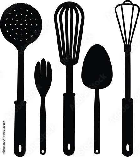 Collection of vintage kitchen utensils silhouette isolated on white background