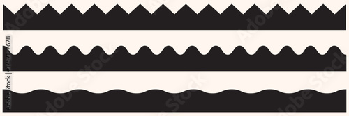 Scalloped edge line border strokes set. Fabric laces silhouette frame. Repeat cute vintage frill ornament. Black color Scalloped edge. Vector illustration. EPS 10.