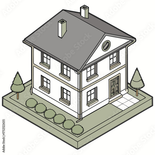 Adobe Illustrator Artwork: A two-story house with a gray roof and two chimneys, with white walls and multiple windows