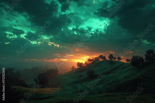 Vivid sunset over rolling hills, dramatic green sky. Tranquil nature scene. Serene beauty in a captivating landscape. Twilight magic.
