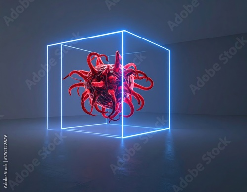 Encapsulated Threat: A 3D render of a menacing, yet captivating virus, encased within a glowing neon cube, representing a scientific exploration of microscopic danger and advanced research. 