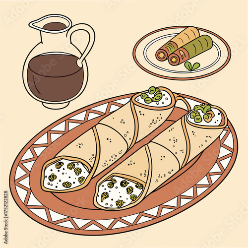 Adobe Illustrator Artwork: A vector art of a mixture of vegetables with meat are often fried Spring rolls