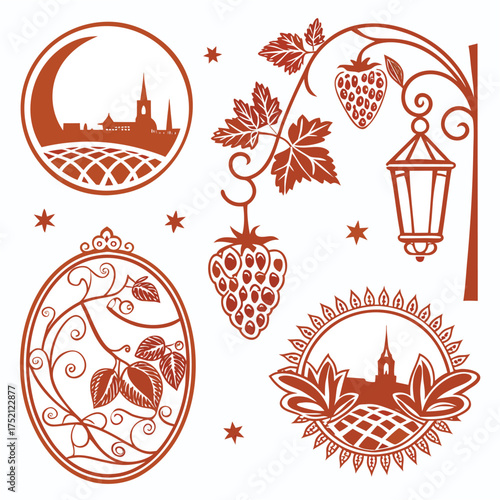 Adobe Illustrator Artwork: A vector collection of stylized wine and vineyards with bunches of grapes and leaves