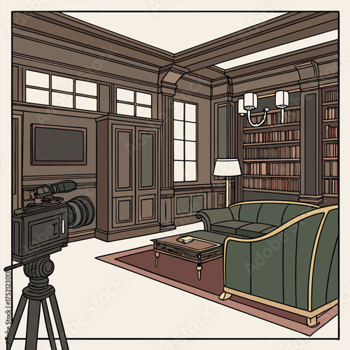 Adobe Illustrator Artwork:  A vector illustration of a library room with a video camera on a tripod