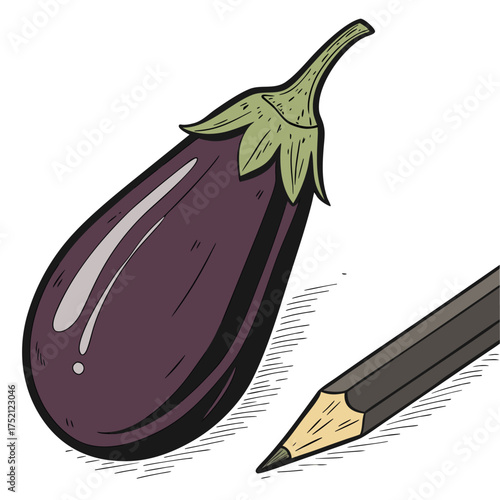 Adobe Illustrator Artwork: A Vector illustration of a purple brinjal with a pencil art