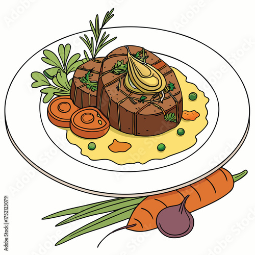 Adobe Illustrator Artwork: A vector illustration of a steak dish with a sprig of rosemary sliced onions, and carrot