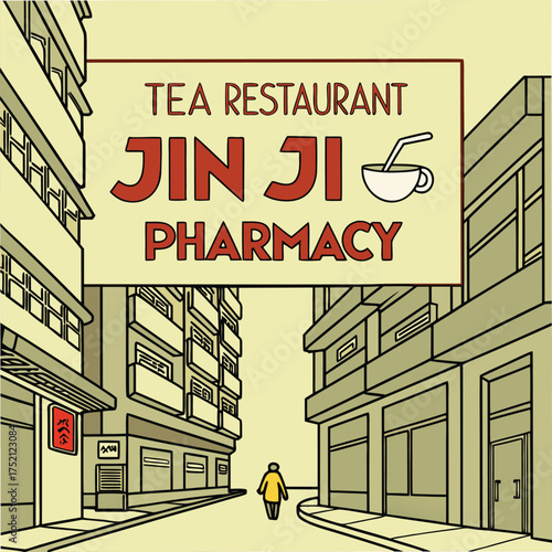 Adobe Illustrator Artwork: A vector illustration of a street for a TEA RESTAURANT, like a PHARMACY, with the name JIN JI in the center