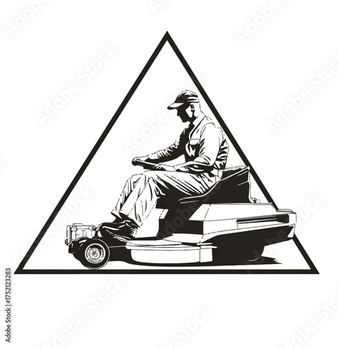 Monochrome vector illustration of a man on a riding lawnmower within a bold triangle outline