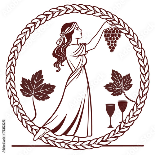 Adobe Illustrator Artwork: A woman with grapes and wine culture of winemaking, Vector art