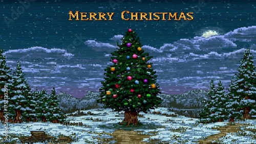 Decorated Christmas Tree in Snowy Winter Night Scene, Retro 8-bit Pixel Art Style with 'Merry Christmas' Text