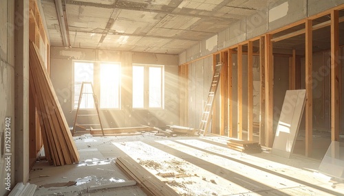 Sunlight beams illuminating unfinished interior construction site.