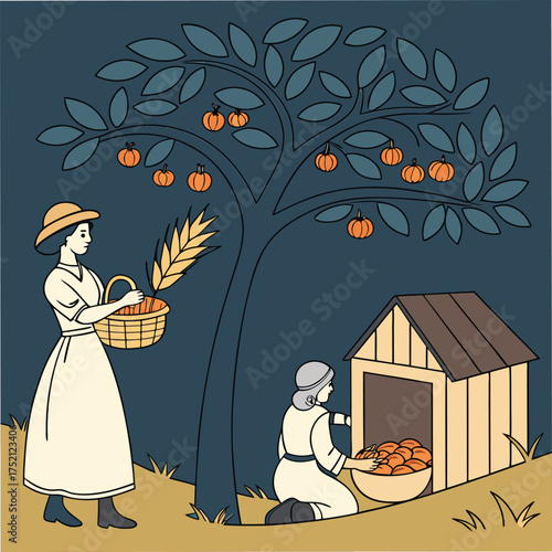 Adobe Illustrator Artwork: An autumn harvest with a woman holding a bundle of wheat and a girl picking pumpkins