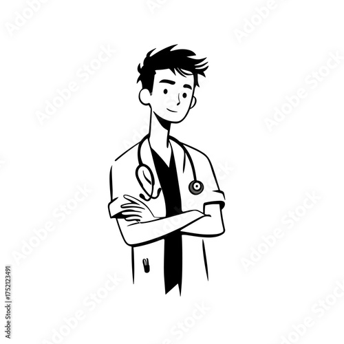 Nurse. Nurse simple black and white line art vector logo