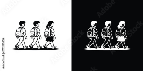 Line Art Children Walking with Backpacks on White and Black Backgrounds