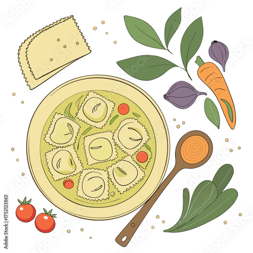 Adobe Illustrator Artwork: An illustration of ravioli a stuffed pasta in a bowl with sauce.