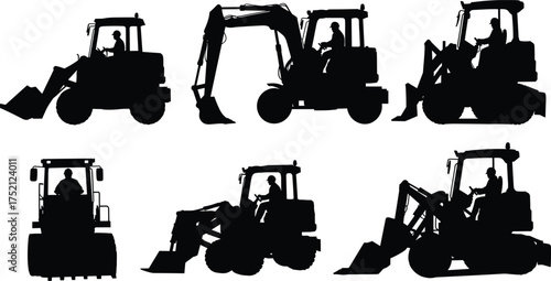 Construction vehicle silhouettes, heavy machinery equipment, excavator loader roller, industrial machines, building site tools, engineering vehicles, 