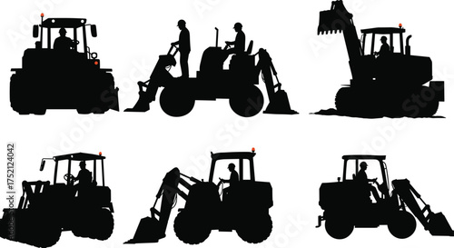 Construction vehicle silhouettes, excavator, backhoe, loader, heavy machinery, operator, industrial equipment, building site, digger, earthmover, construction work, silhouette illustration