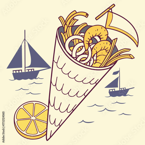 Adobe Illustrator Artwork:  Fritto Misto an Italian dish of mixed fried seafood, vegetables, fish and chips