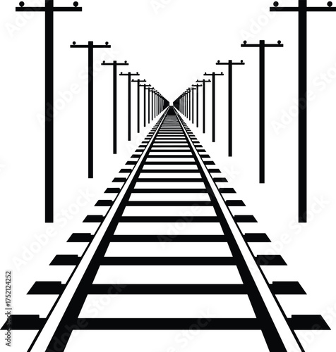 Railroad track perspective illustration, linear geometry depth artwork, vanishing point design with utility poles, abstract transportation background, symmetry concept,