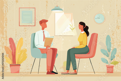 Patient in therapy session discussing problems with a psychologist in a comfortable office setting cartoon style illustration