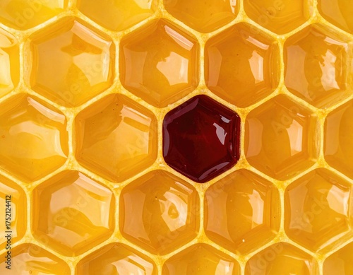 Honeycell: A close-up macro shot of a honeycomb, showcasing a mix of golden and darker cells filled with fresh, untouched honey, inviting the viewer to savor the sweet essence of nature's bounty.