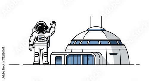 Friendly Astronaut Greeting Near Modern Space Station Complex