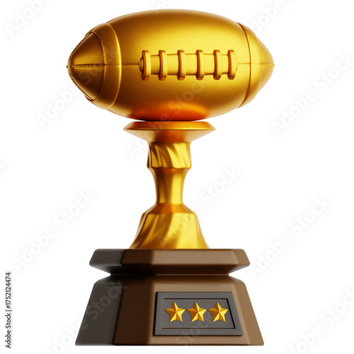 Gleaming Golden Rugby Trophy A Symbol of Victory in Sports, Detailed 3D Render with Star Emblems on a Sleek Base