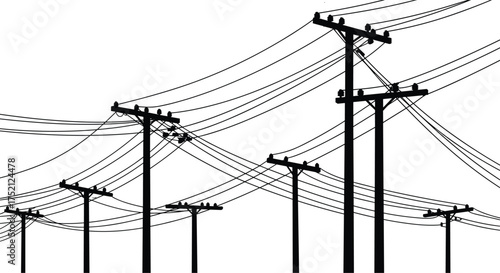 Utility poles, power lines, electrical infrastructure, energy distribution, urban landscape, industrial design, electricity grid, perspective view, technology network, outdoor cables