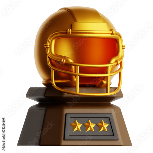 Shiny golden American football helmet trophy, a prestigious sports award for a champion. Isolated 3D vector illustration