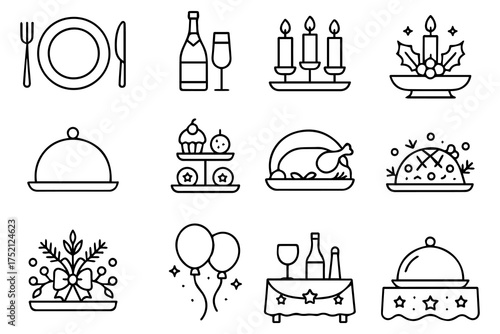 Candlelit Dinner Icons. Outline icon set of candlelit dinner settings