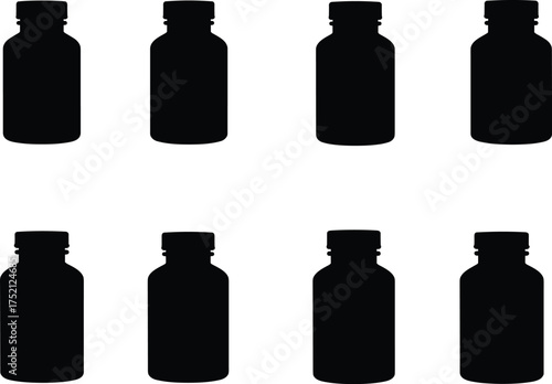 Black bottle silhouette collection, identical cosmetic container shapes, packaging design template, product branding mockup, minimal style, isolated on white background