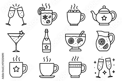 Collection of winter hot drinks and beverages icons with hearts and snowflakes