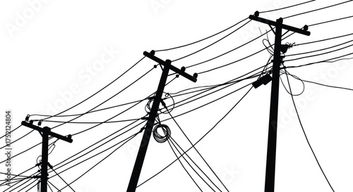 Utility poles, power lines, electricity cables, tilted poles, urban infrastructure, energy grid, industrial network, tangled wires, electrical distribution, city power,