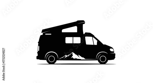 Vector art of camper van silhouette with mountain design