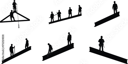 Construction worker silhouettes on steel beams, teamwork at height, industrial safety, building site labor, structural engineering, heavy industry, urban development