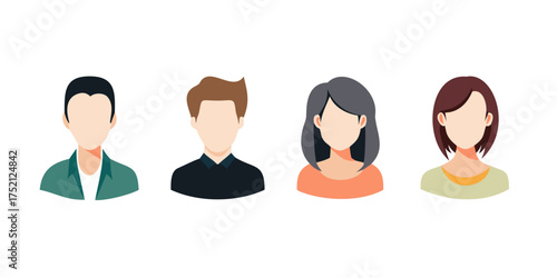 Avatar profile icons. Faceless female and male avatars, men and women portraits with various hairstyles, clothing and ages. User profiles, team page, community apps icons. Flat vector characters 