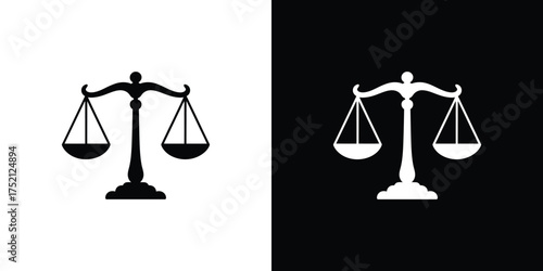 Scales of Justice Icon Set Silhouette. Scales Balanced Isolated on Split