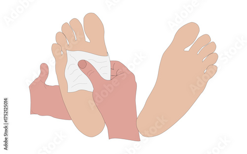 Illustration of two hands cleaning two feet with a napkin	