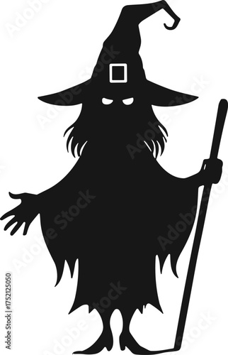 Mystical witch silhouette, fantasy wizard figure, glowing eyes, pointed hat, magic staff, eerie tattered robe, Halloween sorcerer, dark enchanted character