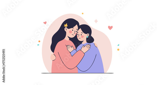 Two women embracing and smiling with hearts in a colorful background  
