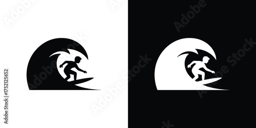 Surfer Silhouette Riding Wave Isolated on Split Background; Black and White