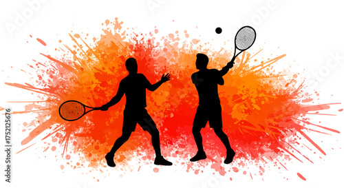 Tennis Player Silhouette Illustration with Orange Paint Splash Background