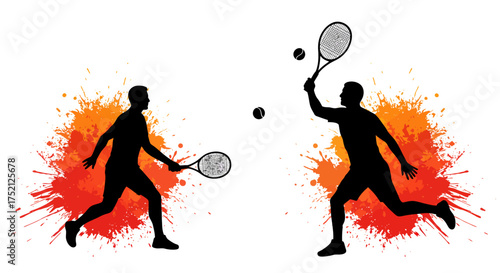 Tennis Player Silhouette Illustration with Orange Paint Splash Background
