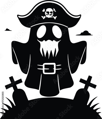 Pirate ghost illustration, spooky Halloween artwork, haunted spirit design, eerie phantom pirate, creepy supernatural figure, dark horror ghost, graveyard night scene