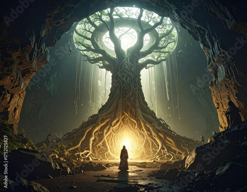 Whispers of the Ancient Realm: An awe-inspiring cavern illuminates a solitary figure standing before an ethereal tree of life. The scene radiates mystery and reverence.