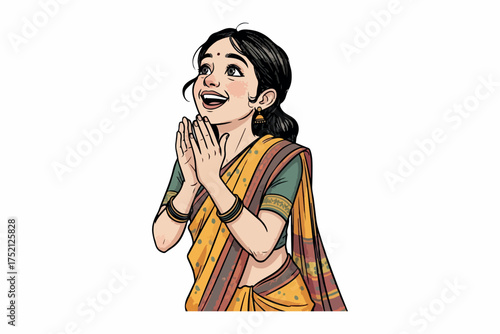 Smiling Indian woman wearing sari places hands together looking upward on transparent background